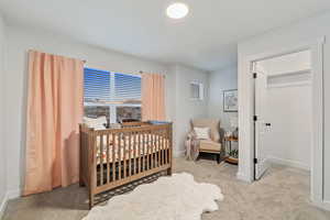 Carpeted bedroom with a crib and a closet