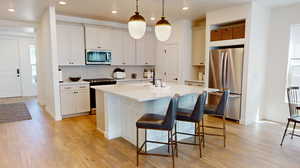 Kitchen featuring stainless steel appliances, an island with sink, light hardwood / wood-style flooring, and tasteful backsplash