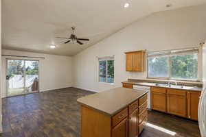 Kitchen with vaulted ceiling, dark hardwood / wood-style flooring, a center island, and white dishwasher