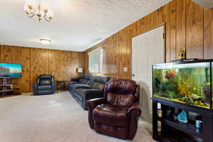 Living room featuring wooden walls, carpet floors, and a textured ceiling