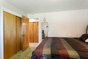 Carpeted bedroom featuring a closet