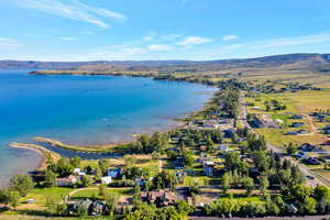 Aerial view with a water and mountain view