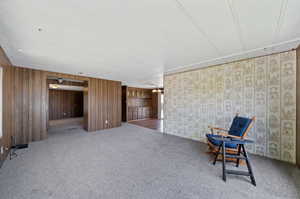 Unfurnished room featuring wooden walls and carpet floors