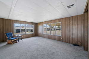 Unfurnished room with carpet flooring and wooden walls