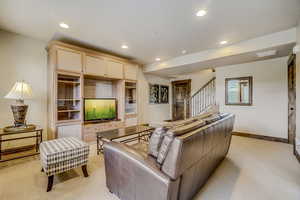 Living room with light carpet