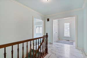 Hall with light tile flooring and crown molding