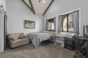 Bedroom featuring high vaulted ceiling, beamed ceiling, carpet floors, and wood ceiling