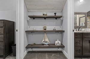 Bathroom with wooden ceiling and vanity