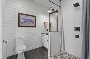 Bathroom featuring a shower with shower curtain, wood walls, toilet, and vanity