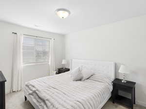 Bedroom featuring light carpet