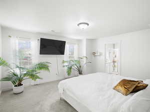 Bedroom with connected bathroom, carpet floors, and multiple windows