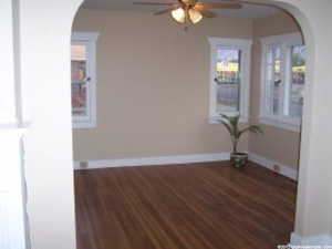 Unfurnished room with dark hardwood / wood-style floors and ceiling fan