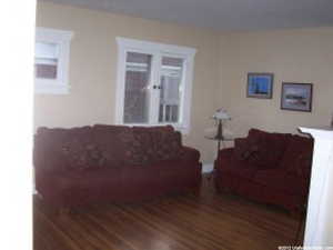 Living room with dark wood-type flooring