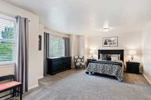 Carpeted bedroom with multiple windows