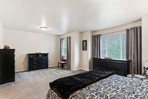 Bedroom featuring light carpet and multiple windows