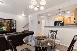 Carpeted dining area featuring a chandelier and rail lighting