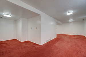 Basement with a textured ceiling and carpet