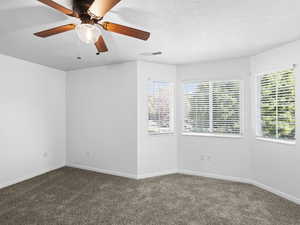 Carpeted spare room featuring plenty of natural light and ceiling fan