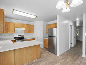 Kitchen with pendant lighting, light carpet, sink, kitchen peninsula, and stainless steel appliances