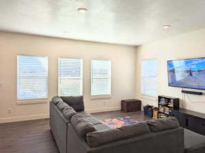 Living room featuring dark hardwood / wood-style flooring and a textured ceiling