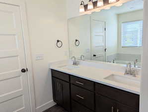 Bathroom featuring double vanity and a washtub