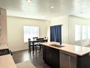 Kitchen with an island with sink, dishwasher, dark wood-type flooring, a textured ceiling, and sink