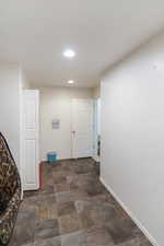 Interior space featuring dark tile flooring