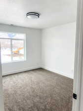 Empty room featuring carpet and a textured ceiling