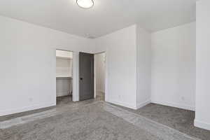 Unfurnished bedroom featuring a spacious closet, carpet flooring, and a closet