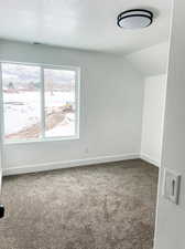 Empty room featuring a textured ceiling, lofted ceiling, and carpet