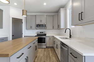 Kitchen featuring wooden counters, appliances with stainless steel finishes, sink, and light hardwood / wood-style floors