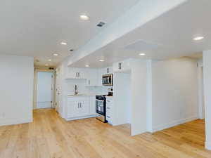 Kitchen featuring white cabinets, light wood-type flooring, sink, range with electric stovetop, and backsplash