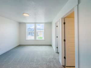 Unfurnished room featuring light carpet and a textured ceiling