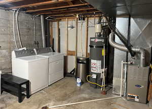 Basement with washer and dryer and water heater