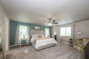 Oversized Primary Bedroom with lots of windows for natural daylight, carpet flooring, and ceiling fan.