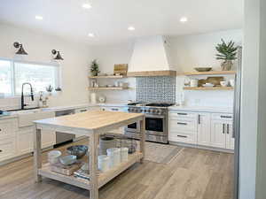 Kitchen featuring white cabinetry, light hardwood / wood-style flooring, custom range hood, and appliances with stainless steel finishes