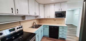 Kitchen with white cabinetry, black appliances, sink, and wood-type flooring