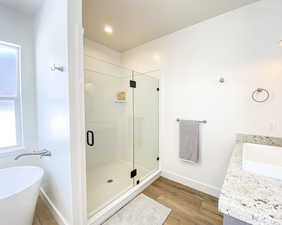 Master bathroom featuring a shower with shower door, hardwood / wood-style flooring, and vanity