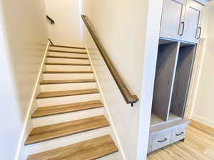 Staircase featuring light hardwood / wood-style floors