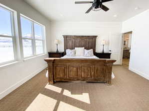 Carpeted Master bedroom with ceiling fan