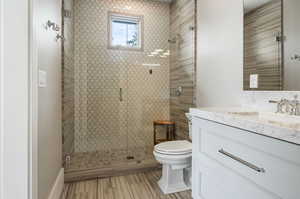 Bathroom with an enclosed shower, oversized vanity, and toilet