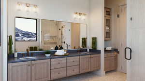 Bathroom featuring a shower with shower door, double vanity, a mountain view, and tile floors