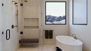 Bathroom featuring tile floors, a mountain view, and shower with separate bathtub