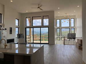 Kitchen with a fireplace, light stone counters, a healthy amount of sunlight, and wood-type flooring