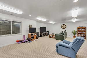 Carpeted living room featuring a textured ceiling