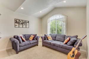 Living room featuring carpet, a textured ceiling, and lofted ceiling