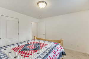 Carpeted bedroom with a closet and a textured ceiling