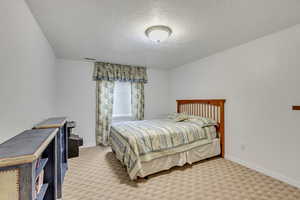 Carpeted bedroom featuring a textured ceiling