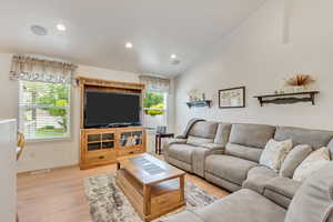 Living room featuring a healthy amount of sunlight, vaulted ceiling, and light hardwood / wood-style floors