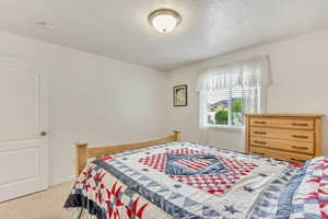 Carpeted bedroom with a textured ceiling